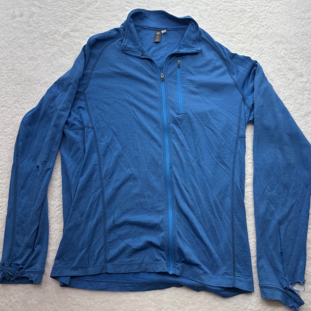 Ibex The Art of Wool Mens Large Blue Merino Wool Full Zip Jacket Distressed